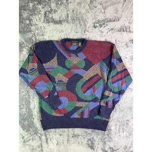 Vintage At Ease Hand Knitted Men Pullover Multicolor Linen Sweater Size Large